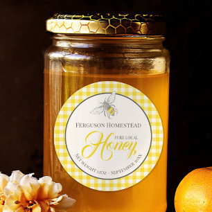 Round bee art honey yellow jar top label