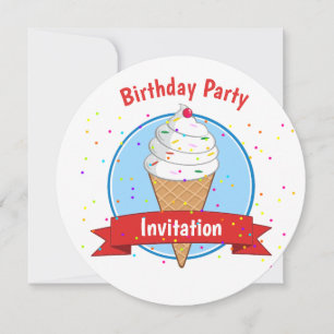 Round Birthday Party Invite Ice Cream Cone
