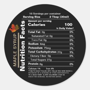 Round Black Maple Syrup Nutrition Facts with Leaf Classic Round Sticker