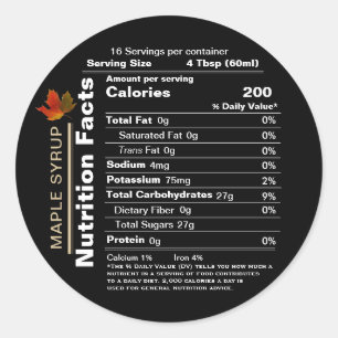 Round Black Maple Syrup Nutrition Facts with Leaf Classic Round Sticker