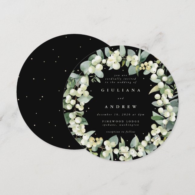 Round Black Snowberry+Eucalyptus Wreath Wedding Invitation (Front/Back)