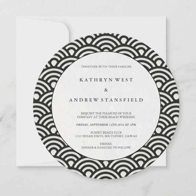 Round Black + White Japanese Waves Wedding Invitation (Front)