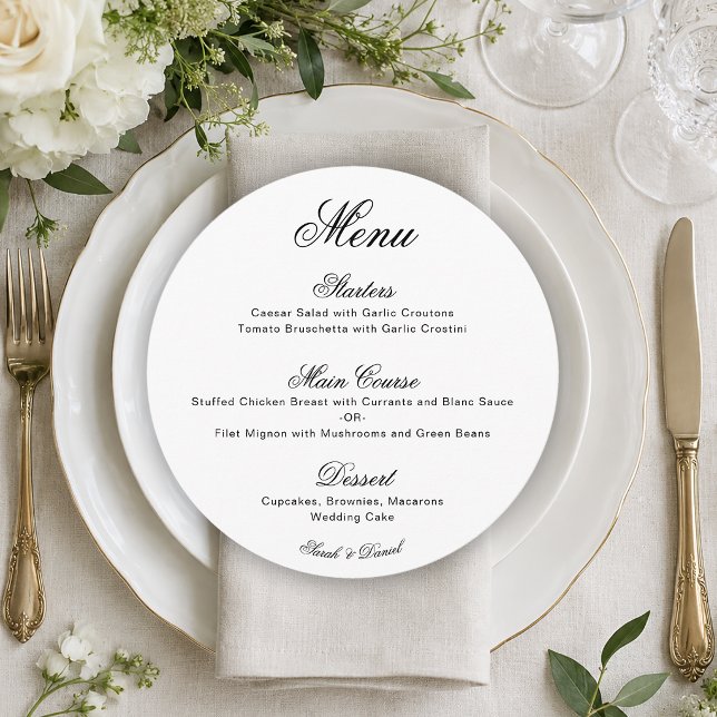 Round Black & White Simple Minimalist Wedding Menu (Creator Uploaded)
