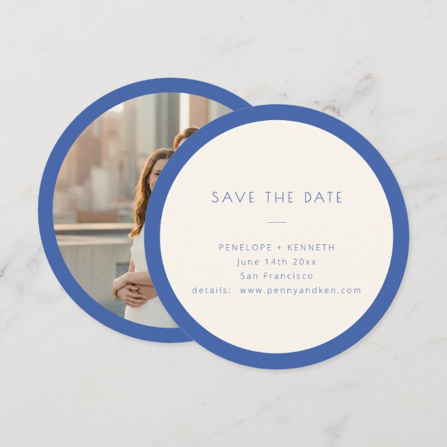 Round Blue Modern Minimal Wedding Photo Save The Date (Front/Back)
