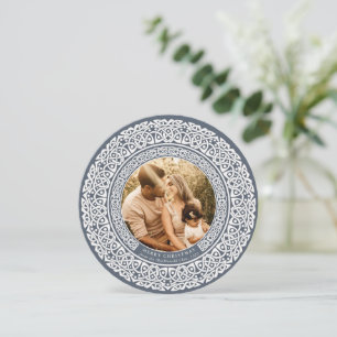 Round Blue + Off White Celtic Holiday Photo Card