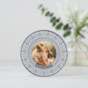 Round Blue + Off White Celtic Holiday Photo Card