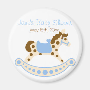 Round Blue Rocking Horse Baby Shower Magnet