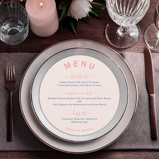Round Blush Pink Modern Script Blue Wedding Menu (Creator Uploaded)