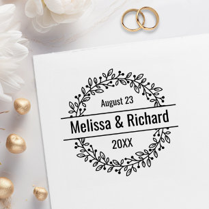 Round Botanical Berry Wreath Custom Names and Date Rubber Stamp