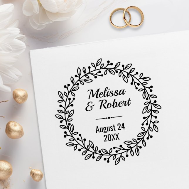 Round Botanical Berry Wreath Custom Names Date Rubber Stamp (Creator Uploaded)
