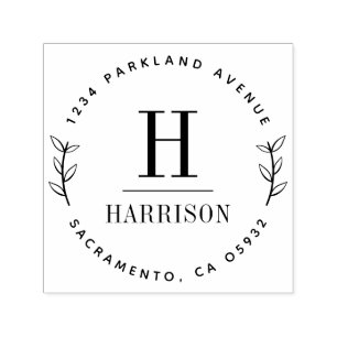 Round Botanical Initial Family Name Return Address Self-inking Stamp