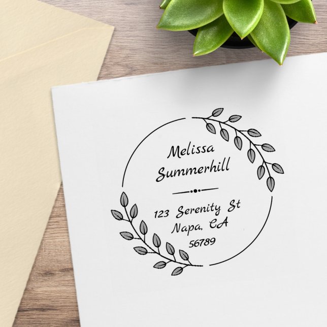 Round Botanical Leaves Wreath Address Rubber Stamp (Creator Uploaded)