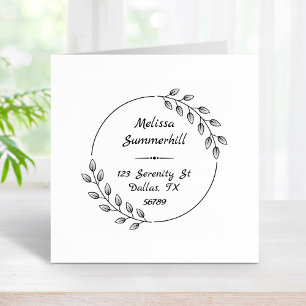Round Botanical Leaves Wreath Address Rubber Stamp