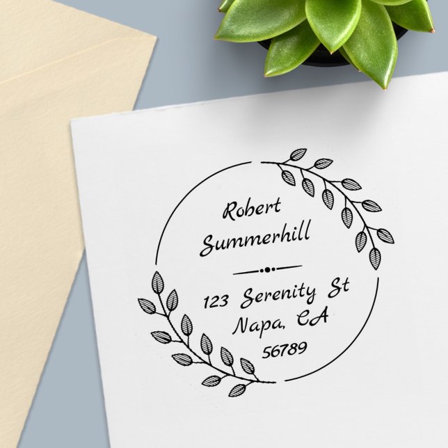 Round Botanical Wreath Leaves Address Self-inking Stamp (Creator Uploaded)