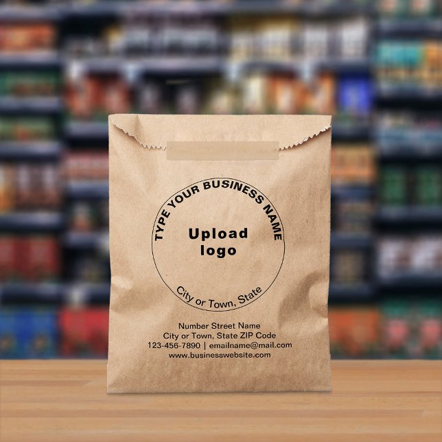 Round Business Brand on Brown Paper Bag (Brown paper bag with round business branding displayed in a store)