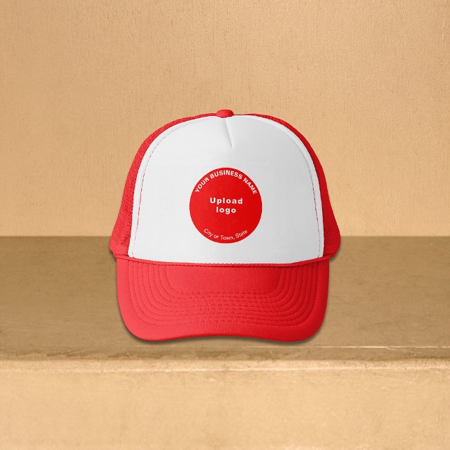 Round Business Brand on Red and White Trucker Hat (Round business brand on red and white trucker hat)