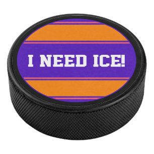 Round Button - Stripes violet orange pink Hockey Puck