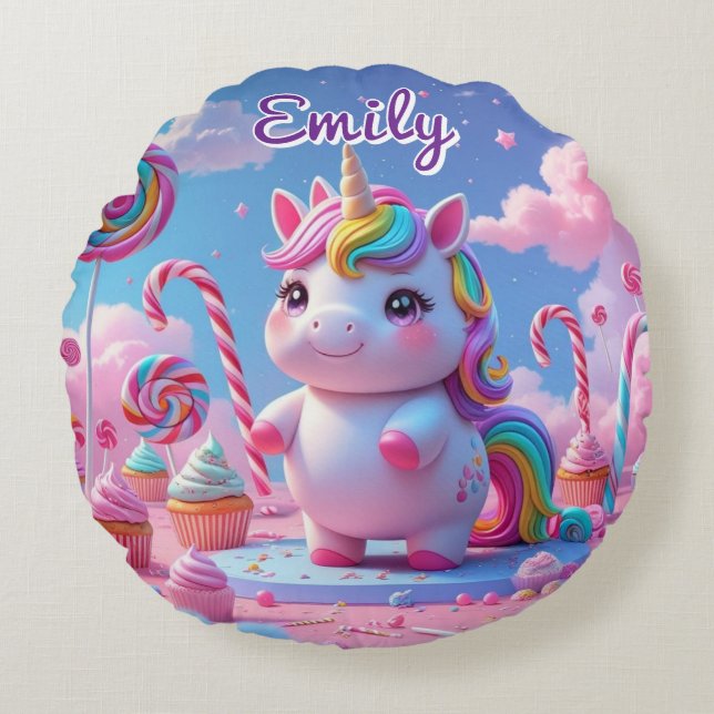 Round Candy Unicorn Pillow – Editable Name (Front)