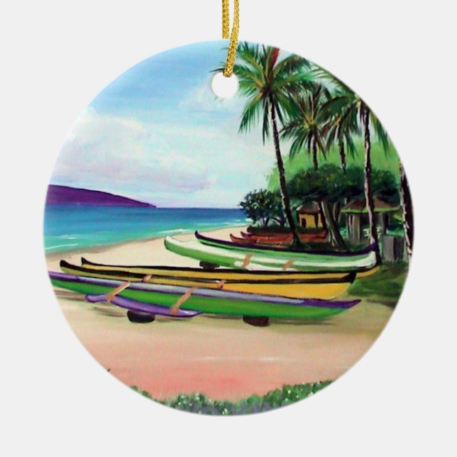 Round Canoe Beach Ceramic Tree Decoration (Front)