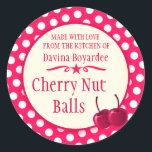 Round cherry red cookie exchange baking stickers<br><div class="desc">Cute red polka dot baking stickers with two cherries, perfect for christmas cherry recipes, cookie exchange parties or for selling your homemade cherry products at farmer's market's and craft fairs. Use these stickers to seal your Christmas goodies that you give others or for children's favours to family and friends. Currently...</div>