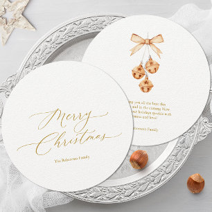 Round Christmas Card with Gold Script and Bells