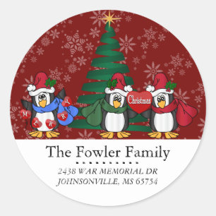 Round Christmas Penguins Address Labels