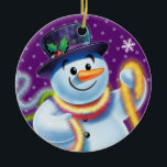 Round Christmas tree decoration Snowman & tinsel.<br><div class="desc">Round shape purple Christmas tree decoration Snowman and tinsel. Purples.
This jolly snowman is about to decorate his tree with colorful tinsel.
See the other characters in this same series,  Santa and Polar Bear and Rudolph.</div>