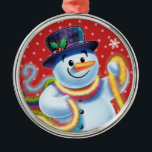 Round Christmas tree decoration Snowman & tinsel.<br><div class="desc">Premium round reds Christmas tree decoration Snowman and tinsel.deep reds.
This jolly snowman is about to decorate his tree with colorful tinsel.
See the other characters in this same series,  Santa and Polar Bear and Rudolph.</div>