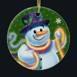 Round Christmas tree decoration Snowman & tinsel.<br><div class="desc">Round shape green Christmas tree decoration Snowman and tinsel. Greens.
This jolly snowman is about to decorate his tree with colorful tinsel.
See the other characters in this same series,  Santa and Polar Bear and Rudolph.</div>