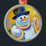 Round Christmas tree decoration Snowman & tinsel.<br><div class="desc">Premium round gold Christmas tree decoration Snowman and tinsel. golds.
This jolly snowman is about to decorate his tree with colourful tinsel.
See the other characters in this same series,  Santa and Polar Bear and Rudolph.</div>
