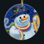 Round Christmas tree decoration Snowman & tinsel.<br><div class="desc">Round blues Christmas tree decoration Snowman and tinsel.deep blues.
This jolly snowman is about to decorate his tree with colorful tinsel.
See the other characters in this same series,  Santa and Polar Bear and Rudolph.</div>