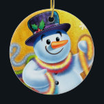 Round Christmas tree decoration Snowman & tinsel.<br><div class="desc">Round gold Christmas tree decoration Snowman and tinsel. golds.
This jolly snowman is about to decorate his tree with colorful tinsel.
See the other characters in this same series,  Santa and Polar Bear and Rudolph.</div>
