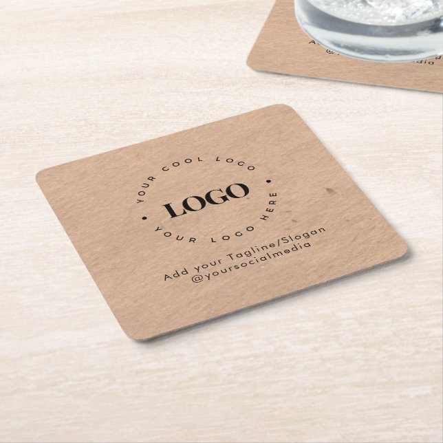 Round Circle Custom Company Logo Rustic Kraft Square Paper Coaster (Angled)
