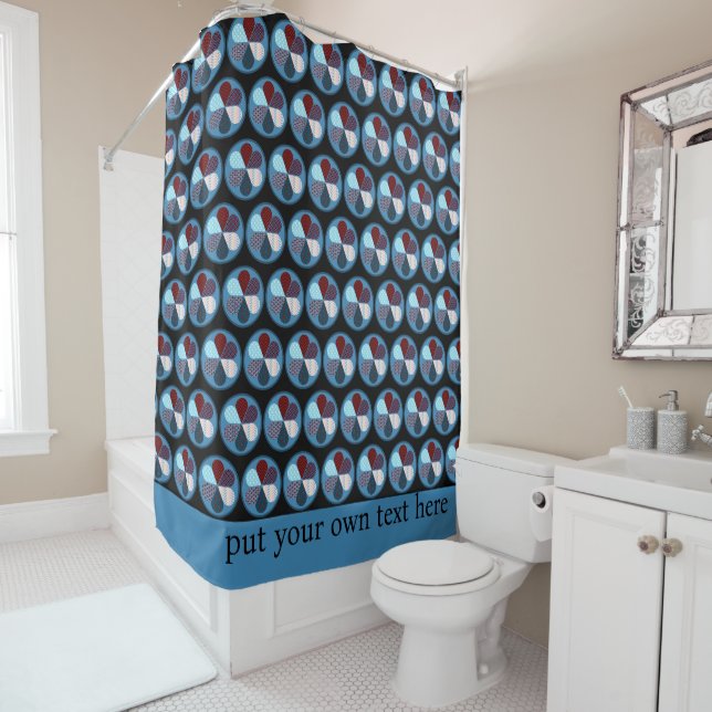 ROUND CIRCLE SHAPE PATTERN MAROON RED BLUE BLACK SHOWER CURTAIN (In Situ)