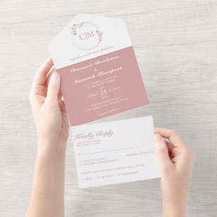 Round Classic Dusty Pink Monogram Wedding All In One Invitation