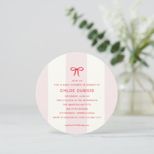 Round Coquette Bow Blush Pink Striped Baby Shower Invitation