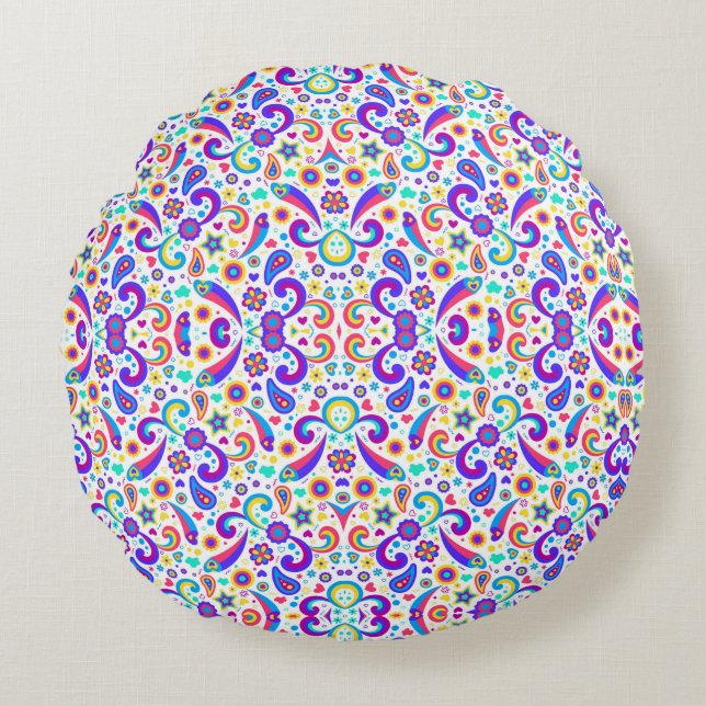 Round cushion featuring a vibrant (Front)