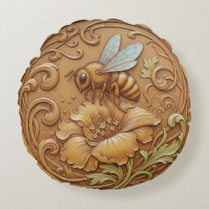 Round Cushion wood carving effect - bee