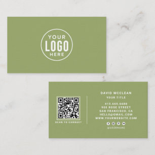 Round Custom Logo QR Code Social Media Sage Green Business Card