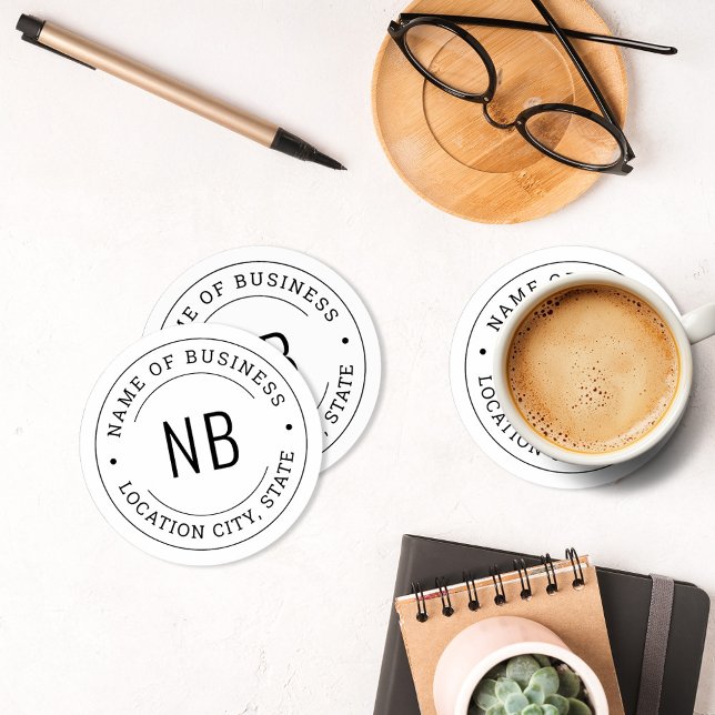 Round Custom White Business Monogram Location Paper Coaster (Creator Uploaded)