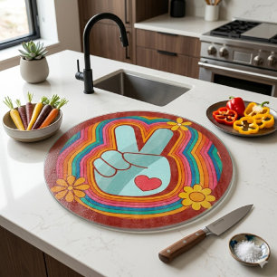Round Cutting Board Peace Love Rainbow Retro