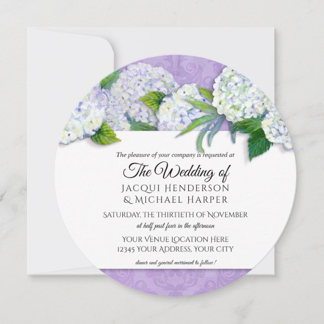 Round Damask Hydrangea Purple Floral Wedding Invitation (Front)
