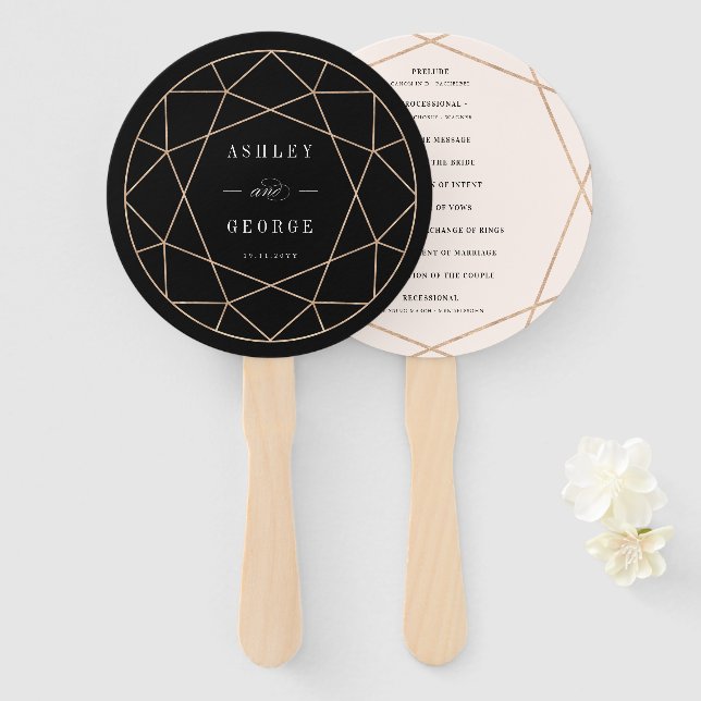 Round Diamond Gemstone Geometric Wedding Program Hand Fan (Front and Back)