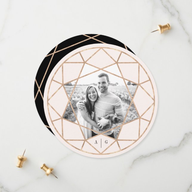 Round Diamond Geometric Gemstone Wedding Photo Save The Date (Front/Back In Situ)