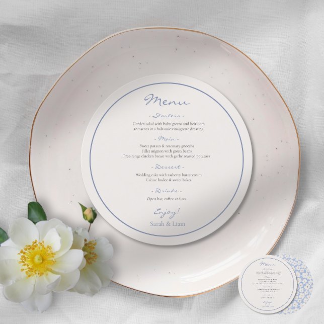 Round Dusty Blue Floral Wedding Menu (Creator Uploaded)