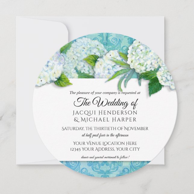 Round Elegant Damask Hydrangea Aqua Floral Wedding Invitation (Front)