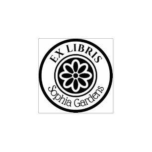 Round Ex Libris 6 Petal Flower 02 Rubber Stamp
