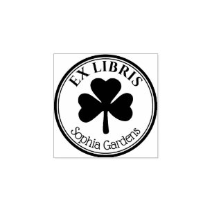 Round Ex Libris - Shamrock/Clover Motif Rubber Sta Rubber Stamp