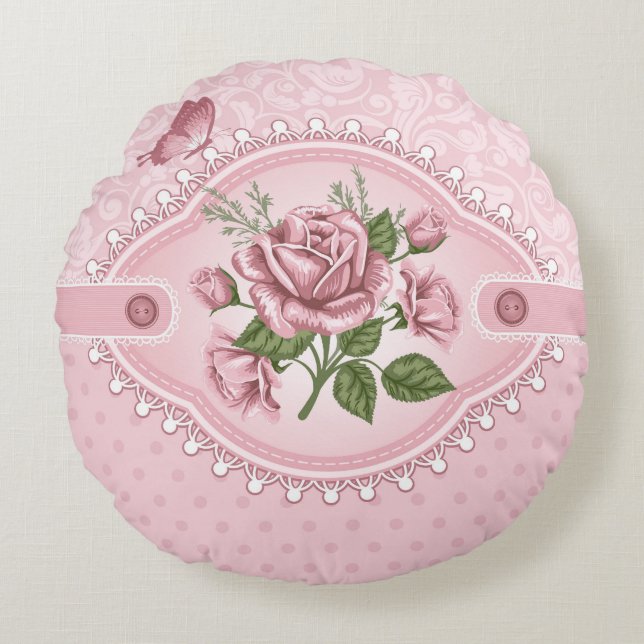 Round floral cotton throw pillow (Front)