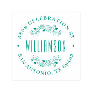 Round Floral Family Name Return Address Self-inking Stamp